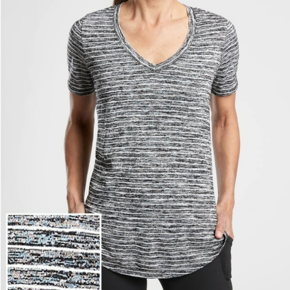 Athleta Black Gray Breezy Striped Scoop V Tee
